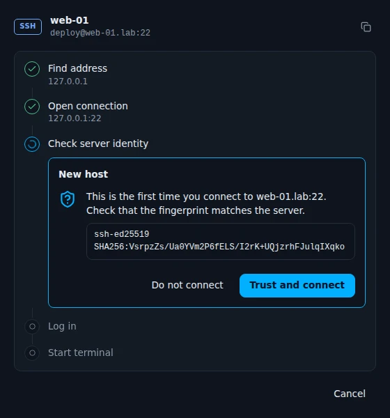 The connect screen with the steps Find address and Open connection done, and a question about a new host showing its fingerprint