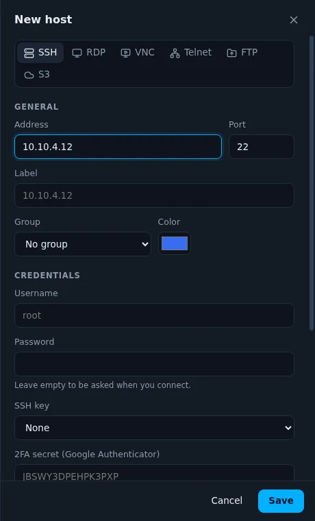 The New host panel with SSH picked, and fields for address, port, label, group, color, username, password, SSH key and 2FA secret
