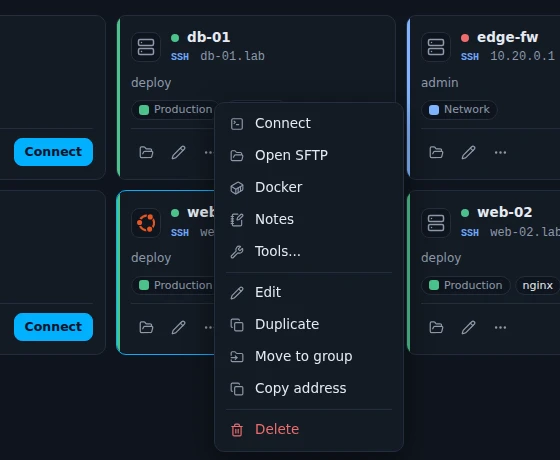 The menu of a host with Connect, Open SFTP, Docker, Notes, Tools, Edit, Duplicate, Move to group, Copy address and Delete