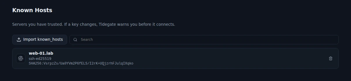 The Known Hosts page listing web-01.lab with its ssh-ed25519 fingerprint