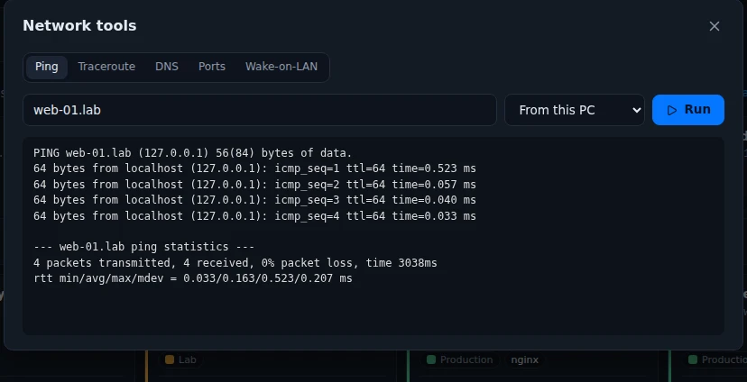 Network tools with Ping picked, showing four answers from web-01.lab