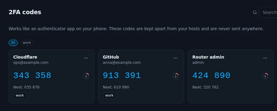 The 2FA codes page with codes for Cloudflare, GitHub and Router admin, each with the next code below