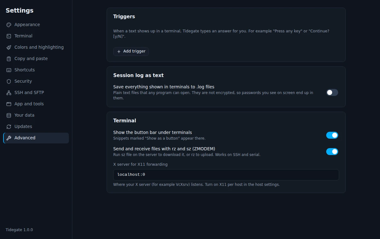 Settings, Advanced with Triggers, Session log as text and Terminal options for the button bar, ZMODEM and X11
