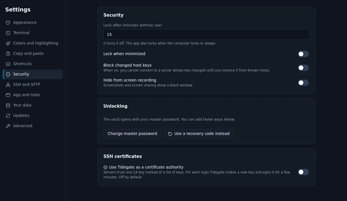 Settings, Security with lock time, lock when minimized, block changed host keys, hide from screen recording, unlocking and SSH certificates
