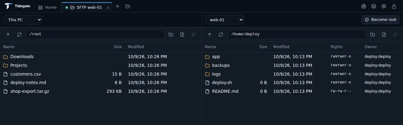 Two file panes: this PC on the left with Downloads and Projects, the server web-01 on the right with app, backups and logs