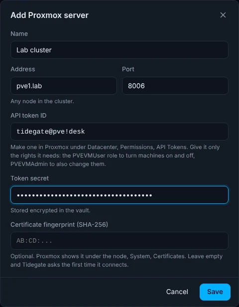 The Add Proxmox server dialog filled in with the name Lab cluster, the address pve1.lab, port 8006 and the token ID tidegate@pve!desk