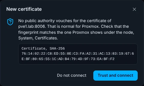 The New certificate question for pve1.lab:8006 with the SHA-256 fingerprint and the buttons Do not connect and Trust and connect