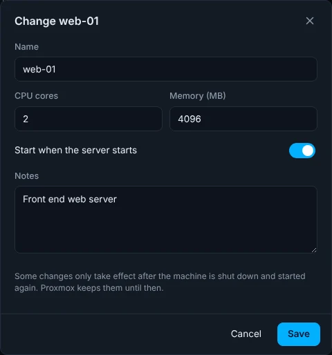 The Change web-01 dialog with the name web-01, 2 CPU cores, 4096 MB memory, Start when the server starts turned on, and a note