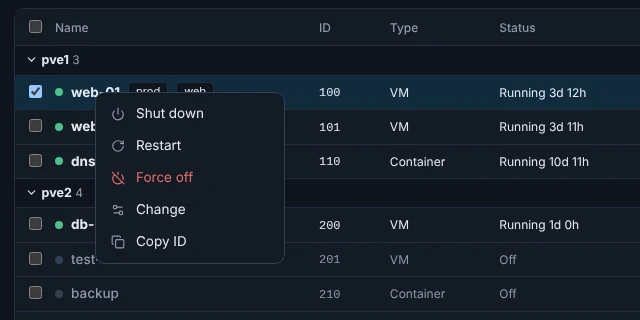 The menu of the machine web-01 with Shut down, Restart, Force off, Change and Copy ID